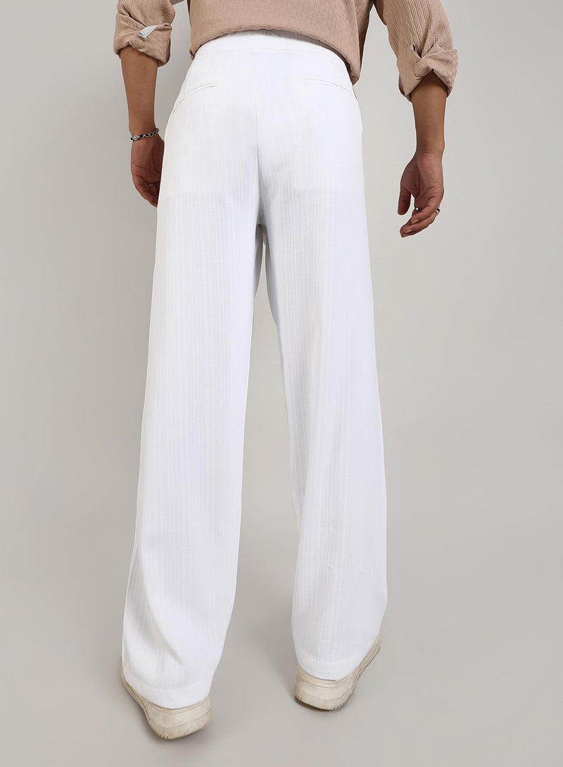Campus Sutra Men's Chalk White Tailored Linen-Blend Trousers For Casual Wear | Tailored-Fit | Mid-Rise | Button Closure | Trousers Crafted With Comfort Fit For Everyday Wear - Image 5